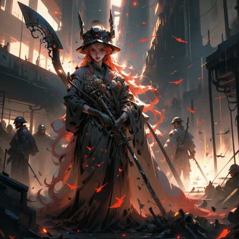 Beautiful Death with a scythe, long red hair, full length girl, Girl in a robe, Against the backdrop of the apocalypse, scythe in hands, there is a dead man underfoot, there are many soldiers in helmets behind, background dark, there is hopelessness all ar...