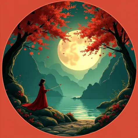 Generate round Mid-Autumn cards, using Disney animation style, pre-World War II Paris School, 32k uhd, red and emerald green, mysterious background, vivid picture