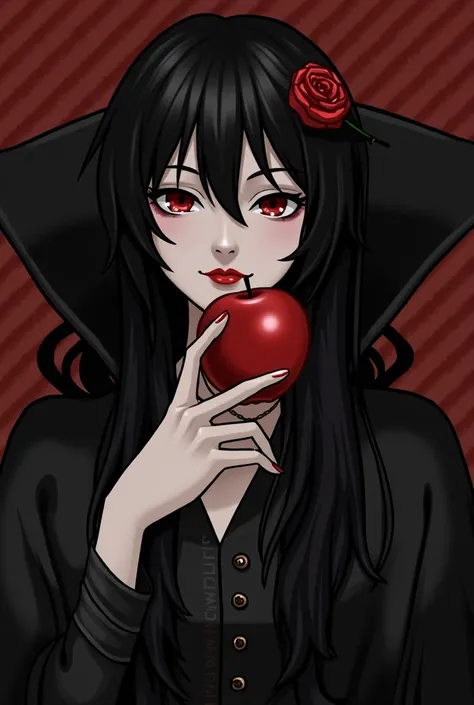 Girl,Black long hair，Black Queen，accessories，Apple in hand，Poison apples，Witch Queen，Red lipstick