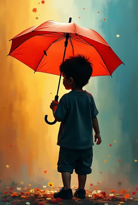 A little boy holding an umbrella，the background is a colorful，The boy&#39;s body is black