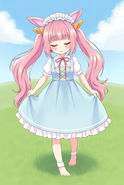 Women　cute　Long Hair　Twintails　Ribbon on head　Animal Ears　Anime Style　
      Lolita dress　The background is a grassland　Her hair color is pink.　Pannier included. Clothing color is light blue.　Frilly skirt and head dress