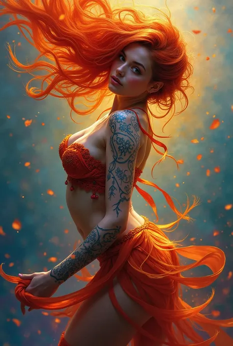 A Red hair dancer with beauty that radiates vitality amidst a kaleidoscope of colors as she strikes a dynamic dance pose, her Timbalada-inspired body art coming alive with every stroke of the brush. no blemished light flawless skin, while vibrant hues and ...