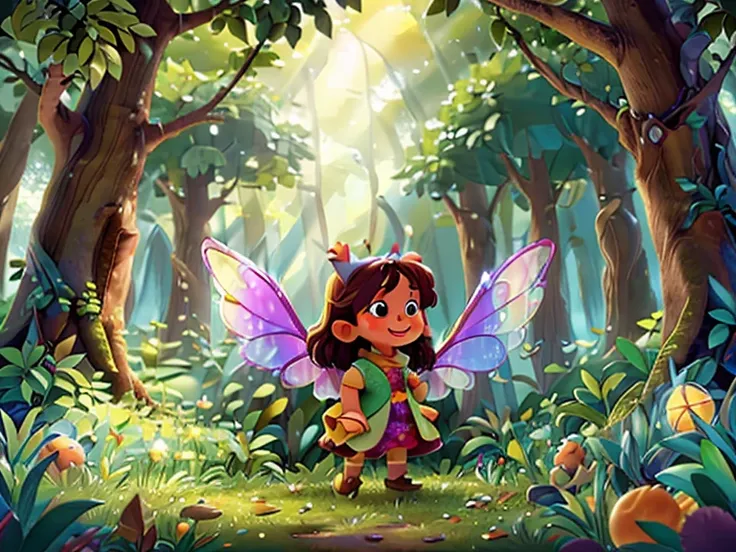 In a magical forest where the sun made the trees sparkle and the mist was like a soft blanket, lived a fairy named Liora. 

She had shiny wings that looked like rainbows and was always happy to help others.
