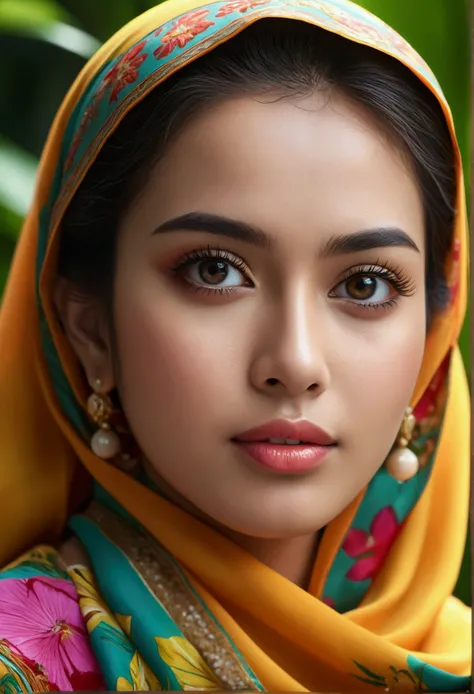 6 beautiful Malaysia girls, beautiful detailed eyes, beautiful detailed lips, extremely detailed eyes and face, long eyelashes, athletic athletic bodies, colorful traditional Malaysia dresses, wear Baju Kurung, wearing traditional scarf, tropical garden ba...