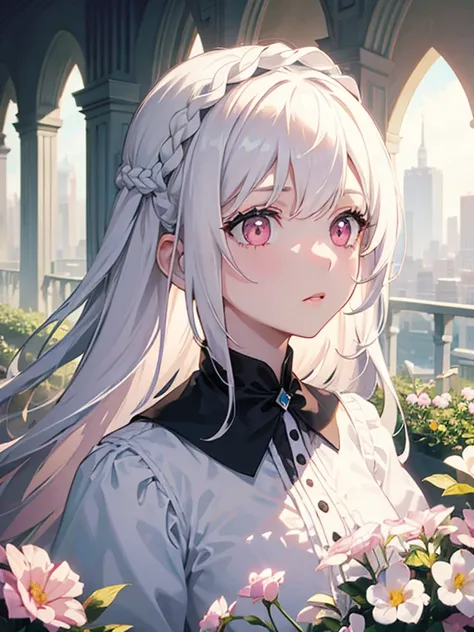 One girl, White medium hair, Center parted hair, White Dress, (Detailed pupils, Pale pink eyes,Symmetrical eyes )Black thin ribbon, garden, noon, city, blue sky, beautiful, Dramatic Light, Strong Shadows, Nice views, Depth of written boundary, Cinema Light...