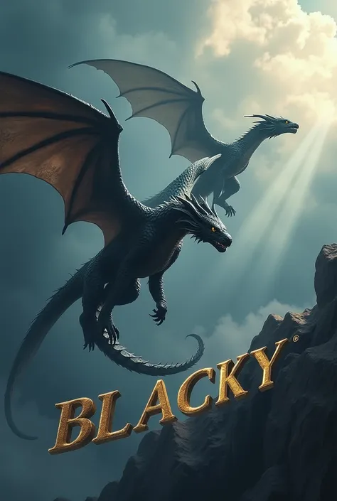 Create me a picture of dragons and the name BLACKY in Modern 