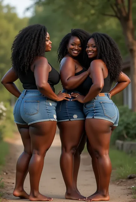 Three black beautiful thick and curvy women putting on jean shorts and top, one standing with her back turned and the other two squatting down touches her ass