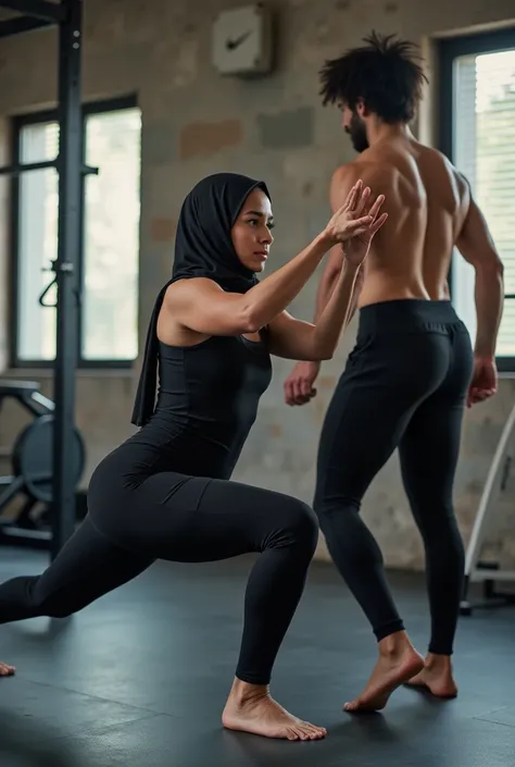 with black headscarf, black sweatpants, White skinned, Barefoot woman doing doggy style exercise with male trainer in gym