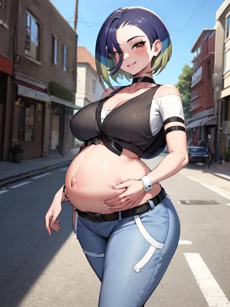 (masterpiece, best quality:1.2), highres, solo, 1 pregnant girl, perrin, smile, looking at viewer, walking, crop top, pants, cho...