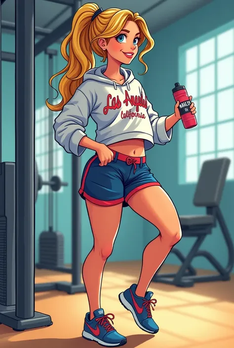 Cartoon of tall girl with fair skin, wavy yellow hair tied in ponytail with headphones exercising with effort with big butt shorts and Los Angeles California sweatshirt, Nike shoes, water bottle that says MARLYN in the gym 