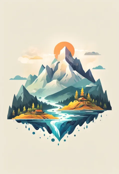 t-shirt design, impressive painting of a mountain with trees and water, a detailed painting by petros afshar, shutterstock conte...