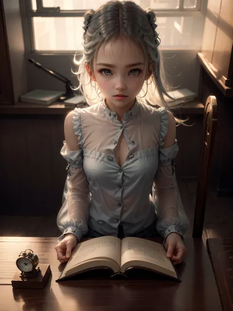 Tabletop, Highest quality, One girl ,White, Research Room, Realistic, High resolution, detailed, Soft Focus、Delicate facial features, detailedな目, Sharp pupils, Depth of written boundary, ボケ Depth of written boundary, Sharp focus、Morning sunlight、dream