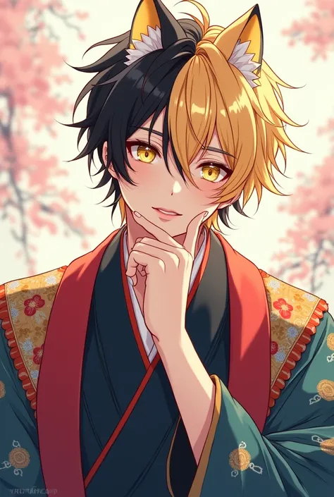 anime　male　　Blonde　kimono　Black hair tips　Cheek resting on hand　Cat Eyes