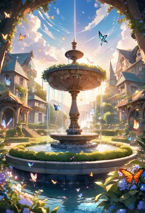 A peaceful garden with beautiful water fountain and lots of colorful butterflies flying in the air. Giving a magical moment within the place. In 8k ultra high definition image. 