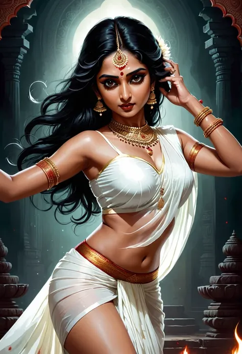 Digital illustration with a dark, eerie style. The layout features a central figure, ancestral idol of an indian woman with long, disheveled black hair, towards the viewer., bharatnatyam dancing pose , Her skin is pale, and her eyes are glowing white, big ...