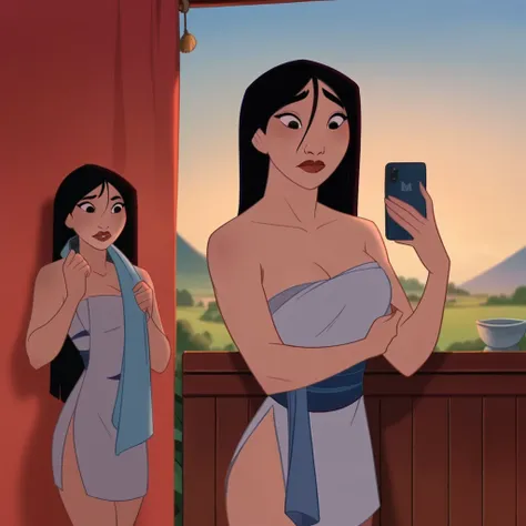 score_9_presence, score_8_up, mulan, wrapped in towel, medium breasts, holding phone