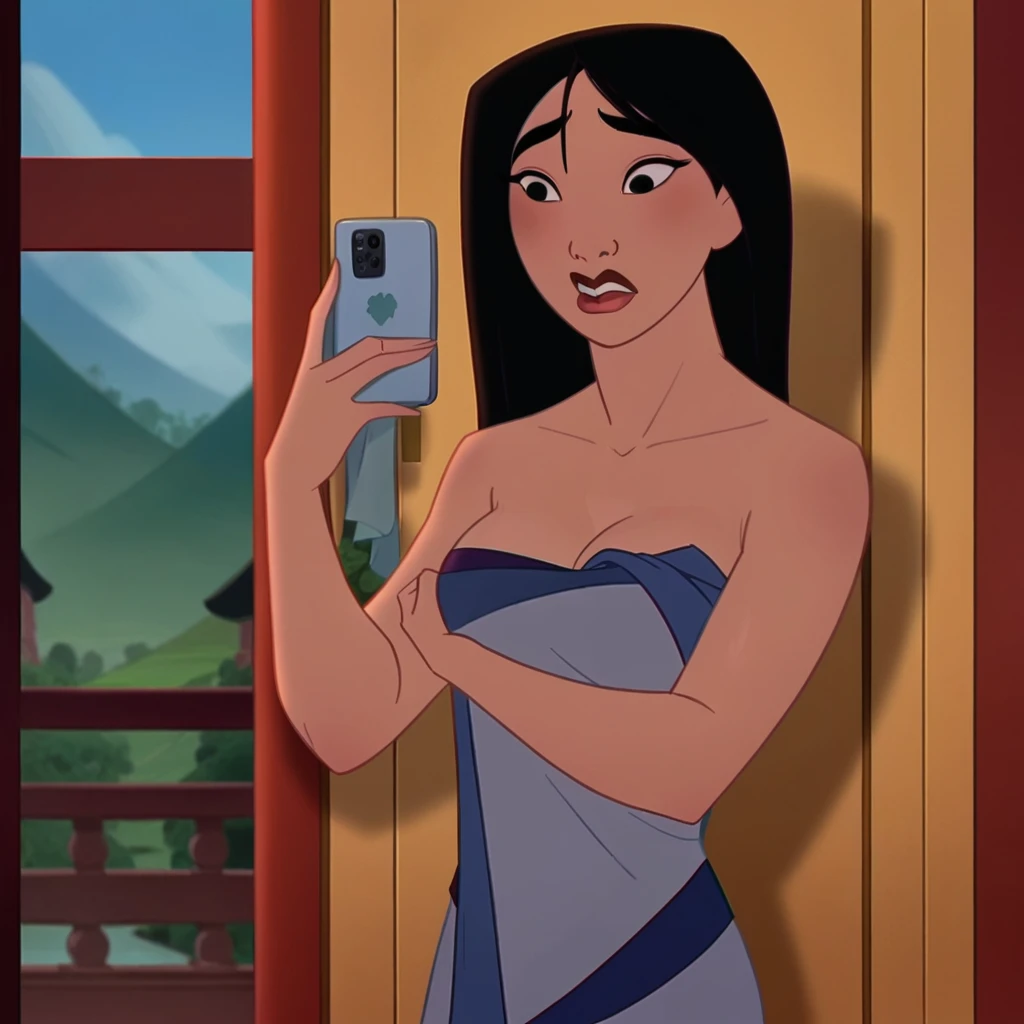 score_9_presence, score_8_up, Mulan, wrapped in towel, medium breasts, holding phone