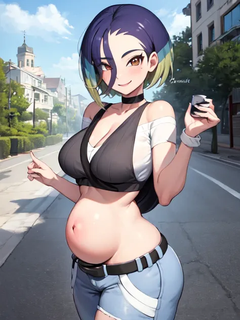 (masterpiece, best quality:1.2), highres, solo, 1 pregnant girl, perrin, smile, looking at viewer, walking, crop top, pants, choker, belt, midriff, city street, cowboy shot, large breasts, cleavage, large ass, third trimester of pregnancy, skindentation