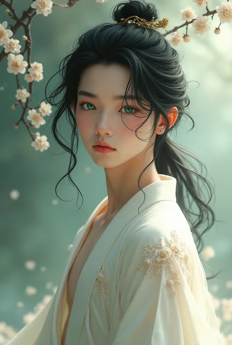 a handsome boy with long wavy black hair, sparkling green eyes, wearing a revealing white hanfu