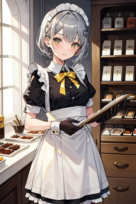 One girl, Shortcuts, Gray Hair, A yellow maid working at a chocolate shop、Saucy
