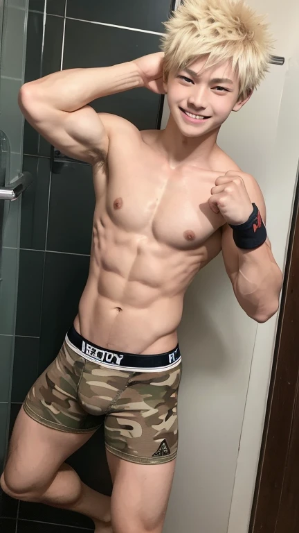 Japanese high school boy、15 years old、Well-developed muscles and smooth skin、Pale blonde hair, spiky like Bakugou、A defiant smile、Camouflage boxer briefs、The whole body is visible from toes to head、Fist pump in the bathroom、Hero Academy