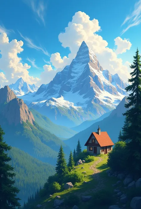 Create a beautiful view of mountains sky and trees from top of house 
