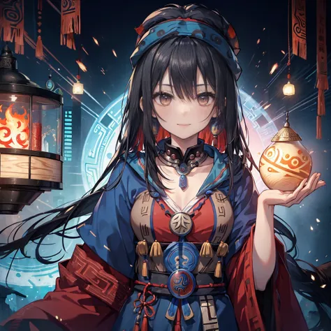 ((Shaman、nationality、:1.2)) ,Create dystopian masterpiece, There is a sense of expectation, Beautiful woman, skinny, Long black hair, Detailed face, smile, To the camera, Age 25、anime、Fantasy,Wooden chest pad、Emphasize the chest