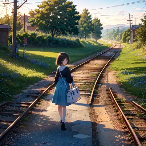 {{{Masterpiece, highest quality, high resolution background}}}, bright and beautiful atmosphere, 1 girl (7 years old, round face, baby face), small breasts, railroad tracks with countryside views, clothes that are easy to move in, carrying a bag on her bac...