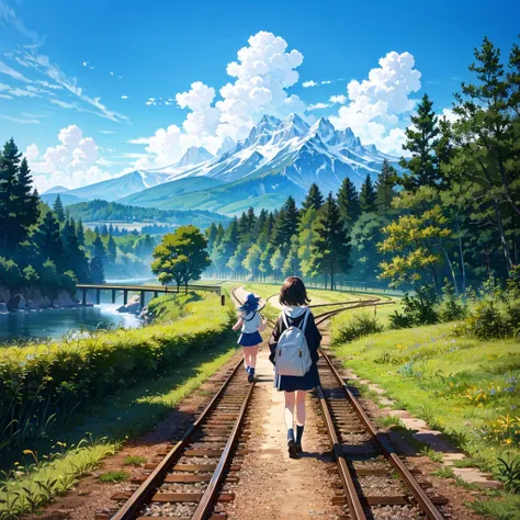 {{{Masterpiece, highest quality, high resolution background}}}, bright and beautiful atmosphere, 1 girl (7 years old, round face, baby face), small breasts, railroad tracks with countryside views, clothes that are easy to move in, carrying a bag on her bac...