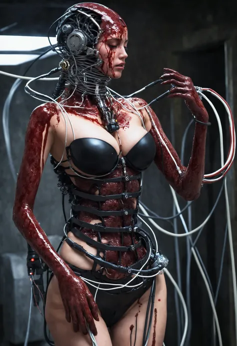 (((Masterpiece))), ((Best Quality)), (Super Detail), (CG Illustration), (Very Evil and Beautiful)), Cinematic Light, ((1 Mechanical Girl)), Single, (Mechanical Art: 1.4), ((Mechanical limb)), (Blood vessel attached to a tube), ((Mechanical spine attached t...