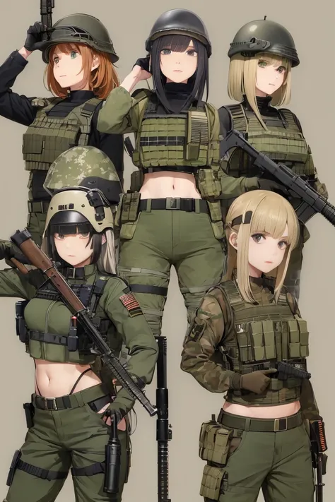 (A group of Womens in crop top military bulletproof vest) , military green cargo pants, belt, military helmet, tactical, (open navel), ((((aiming an m16)))), ((everyone showing navel))