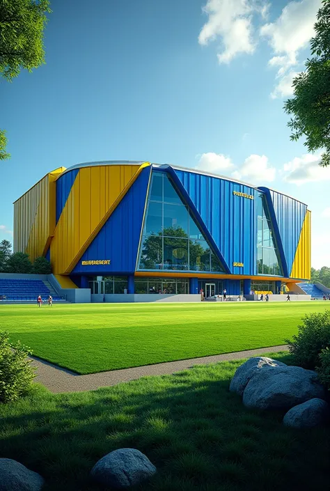 Un stade de football avec les couleurs bleu, yellow and green view of the exterior of the stadium 