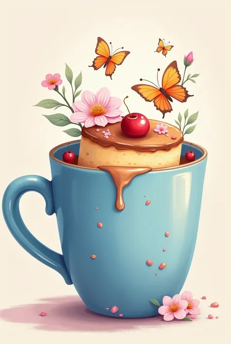 （Close-up of a small cake melting in a mug）， (Blue mug：1.37），（The little cake is melting：1.37，），(Flowers and butterflies in the cake），Illustration element，