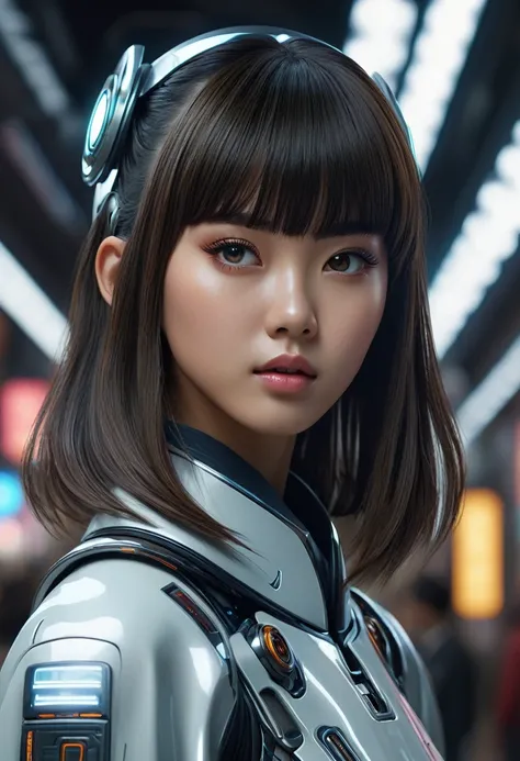 (high quality), (masterpiece), (detailed), 8K, Hyper-realistic portrayal of a futuristic (1girl1.2), Japanese character. Meticulous details bring the character to life in this visually stunning composition, showcasing the seamless blend of tradition and in...