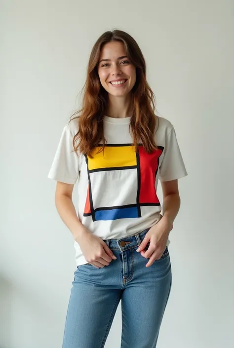 One Woman,Brown long hair,Have a happy face、He is wearing a shirt with Mondrian&#39;s Composition pattern.,The shirt is made up of red, yellow, blue and white squares.,Blue jeans,I have my hands tucked in my jeans、Red sneakers,Standing with weight on the r...