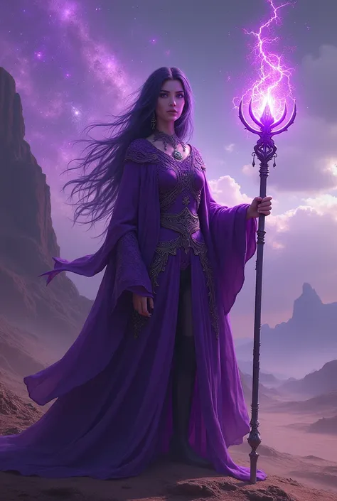 Beautiful woman in a purple clothes with purple powers, she has a purple magical staff, she is in a purple planet