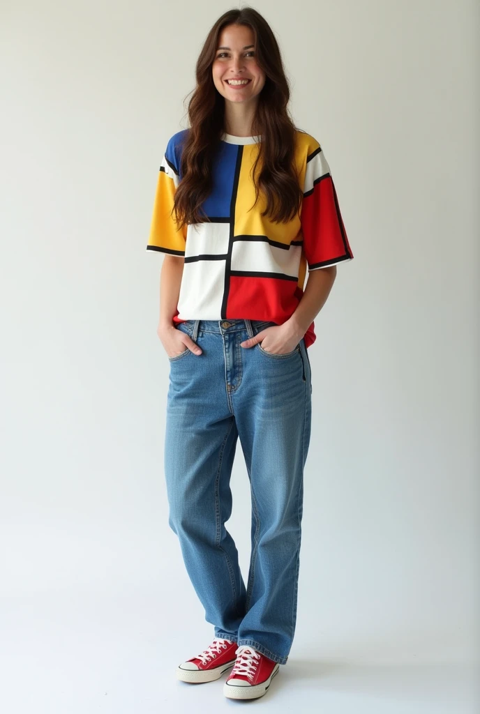 One Woman,Brown long hair,Have a happy face、He is wearing a shirt with Mondrian&#39;s Composition pattern.,The shirt is made up of red, yellow, blue and white squares.,Blue jeans,hands in jeans pockets、Red sneakers,Standing with weight on the right foot、Si...