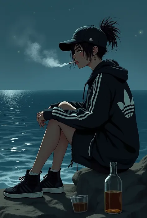  tomboy girl the first one with a Yankee cap black hair tied up with a cigarette in her mouth blowing smoke sitting next to a bottle Adidas jacket and Adidas shoes toasting with a glass looking at the sea at night sitting on a rock