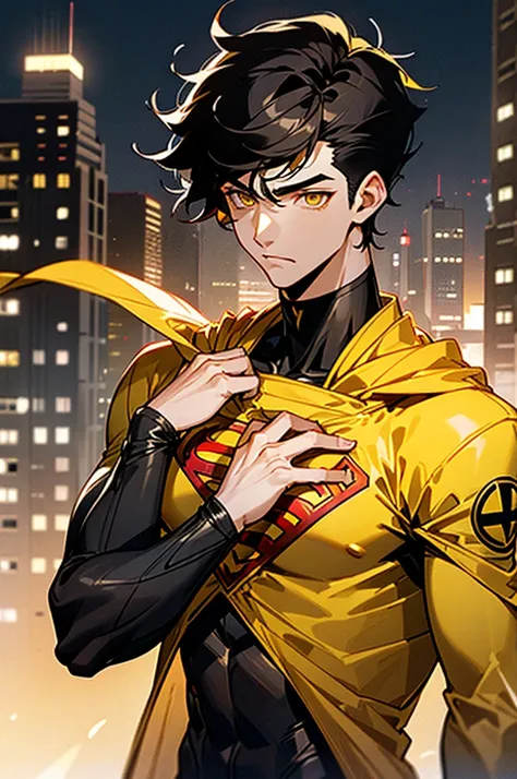 1male , Low taper fade , messy hair ,short hair, black Hair , golden Eyes , Lean ,teen male , white Body Suit , Serious Expression , Modern City Background , Yellow S symbol on chest, modern city background, upper body, superman shirt, arm, white arm sleev...