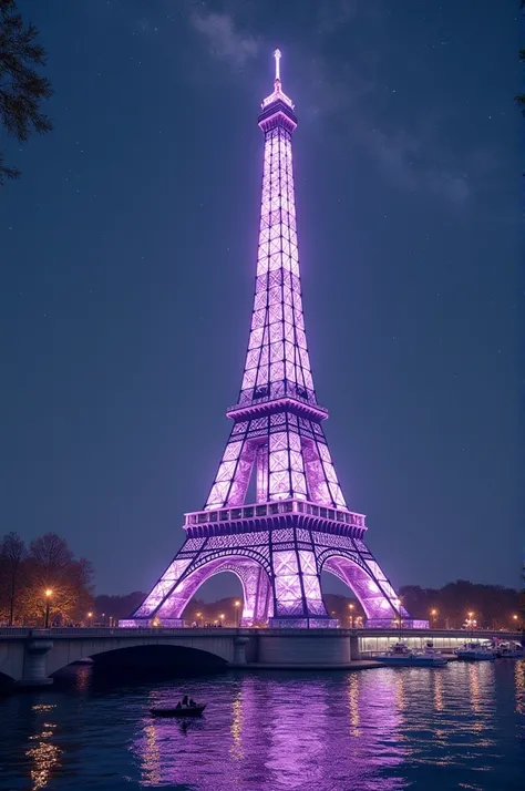 Fascinating, Exquisite details, best quality，masterpiece，Rich details，Symbolizes unlimited creativity and imagination. Surreal work，A huge Eiffel Tower in Paris made of raw purple crystal，Standing on the banks of the Seine in Paris，bridge，Boat，A crystal cl...