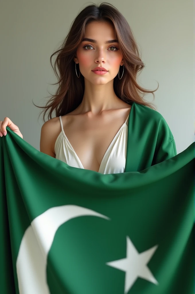 Fair colour open hair girl holding pakistan flag infront with white dress and green stoler