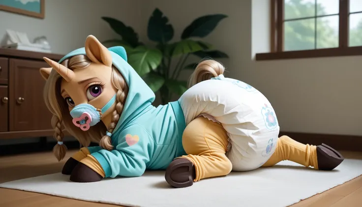 pony, light caramel unicorn, adult filly, plum eyes, lush mane braided, bushy tail, sitting in the room on a soft play mat, dressed in an onesie and booties, pacifier in mouth, solo, thick diaper under clothes, bulge on the back of the diaper, between the ...