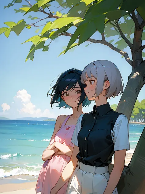  master piece, best quality, for below, cinematic angle, upper body , pigeon toed,  
Anime-style Moe illustration, yuri, summer vacation theme, 20-year-old, 2Girls, Beach,Tree Shade, short hair, 
Summer Casual, slightly inner thighs, smile, accurate drawin...