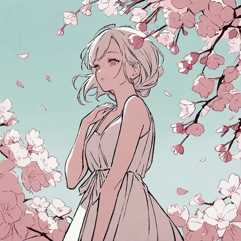 A woman solo in a white dress. Summer. Nostalgic. Simple and beautiful color scheme. Flat color. Flowers. Chic art. Cherry blossoms.