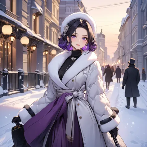 ((Highest quality)), ((masterpiece)), (detailed), （Perfect Face）、The woman is Shinobu Kocho, a Russian with black hair in a purple gradient bob style, tied up in a formal evening hairstyle.、In a Russian city in winter, a woman is beautifully dressed in eve...