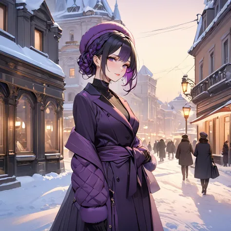 ((Highest quality)), ((masterpiece)), (detailed), （Perfect Face）、The woman is Shinobu Kocho, a Russian with black hair in a purple gradient bob style, tied up in a formal evening hairstyle.、In a Russian city in winter, a woman is beautifully dressed in eve...