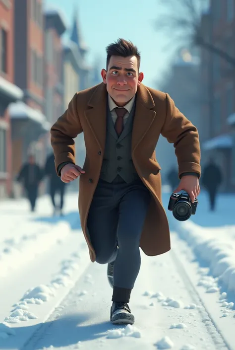 Pixar style, animation, 3d, journalist, 1900s, Russia, snow background, journey, camera, 30s age, adventure, running , movie poster, high quality, running face expression, vantage camera on his hand, full body shows. Disney, running from gangsters.