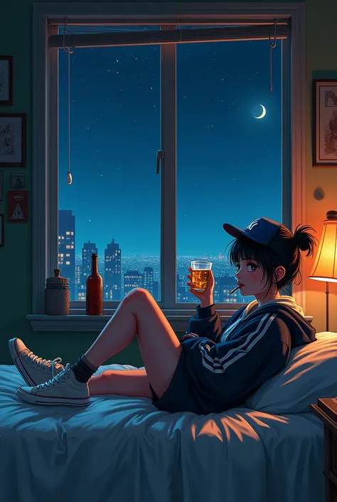 Tomboy girl with Yankees cap, black hair tied up with a cigarette in her mouth, smoking, lying in her bed next to a bottle, Adidas jacket and Adidas shoes, toasting with a glass, looking at the stars from a window at night 