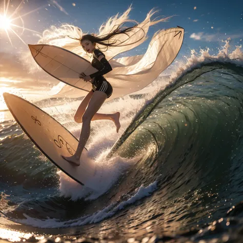 (Luminism:1.28), Side view, TopQuality 8K Masterpiece (ProfessionalPHOTO:1.37) (Extremely Detailed (Girl Riding on a Life Size surfboard)), Colorful morning Glory Rays, (There is Only one surfboard under her foot:1.32) Sparkling Water Splashing Water Parti...