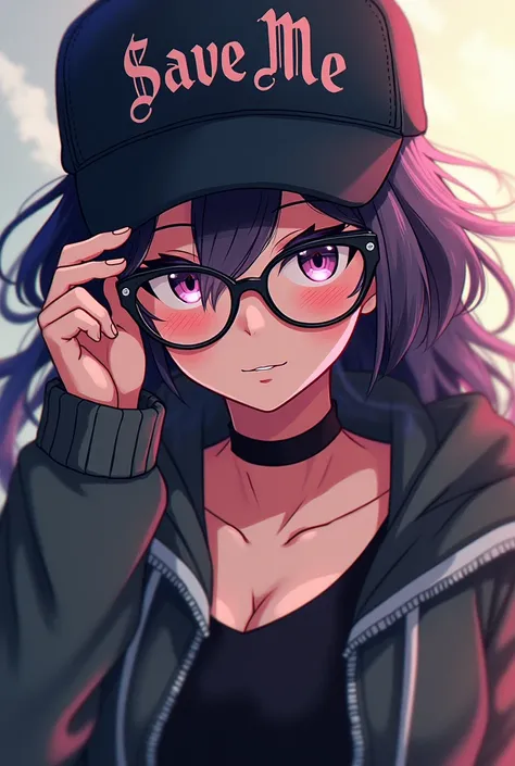  Anime Women  with Glasses  with cap and jacket which is writen "  Save Me "